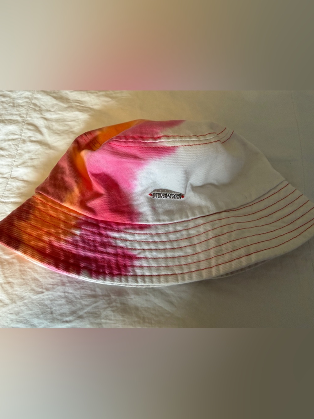 Steve Madden White Tie-Dye Bucket Hat with Pink and Orange Accents